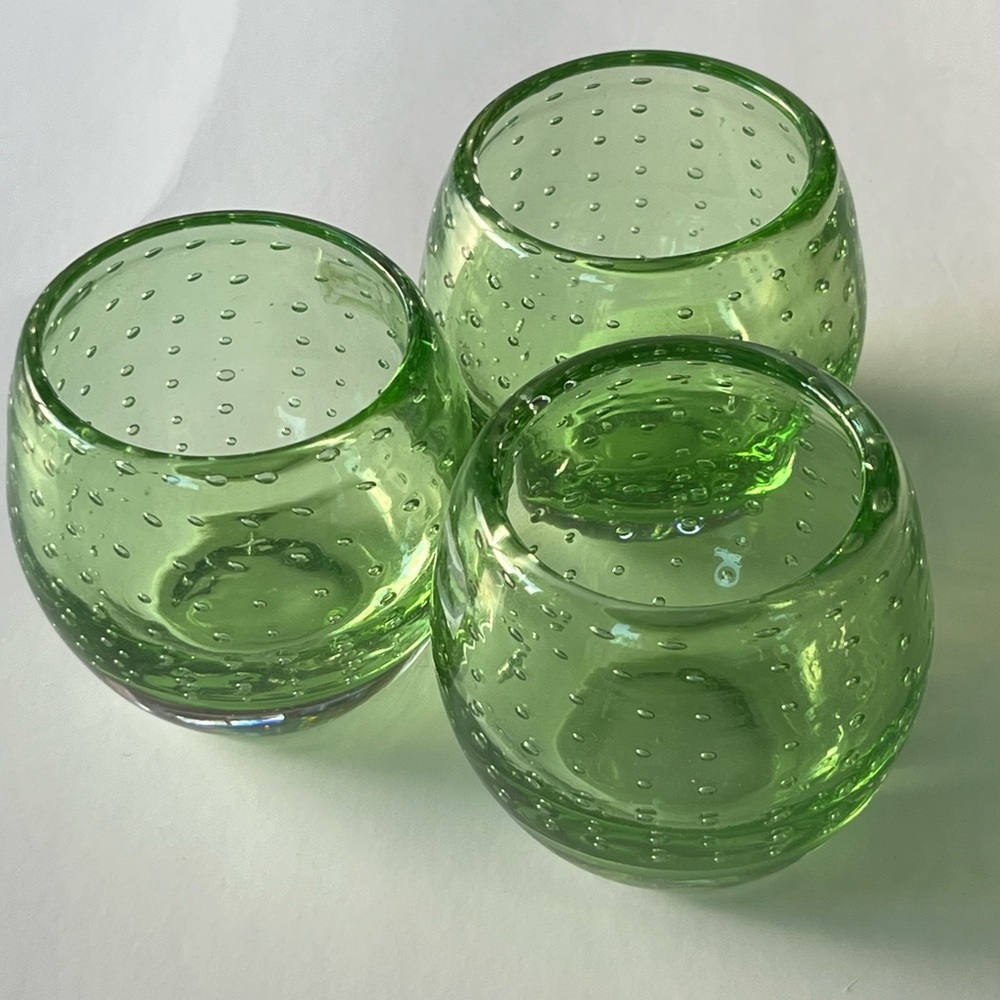 Crate & Barrel “Pop” tealight lime green glass candle holders controlled bubble